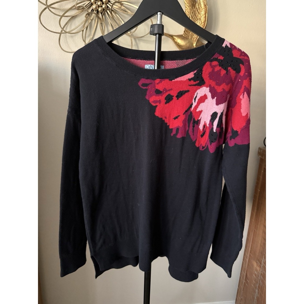 Cynthia Rowley Sweater Womens Large Black Floral Rhinestone Cotton Pullover